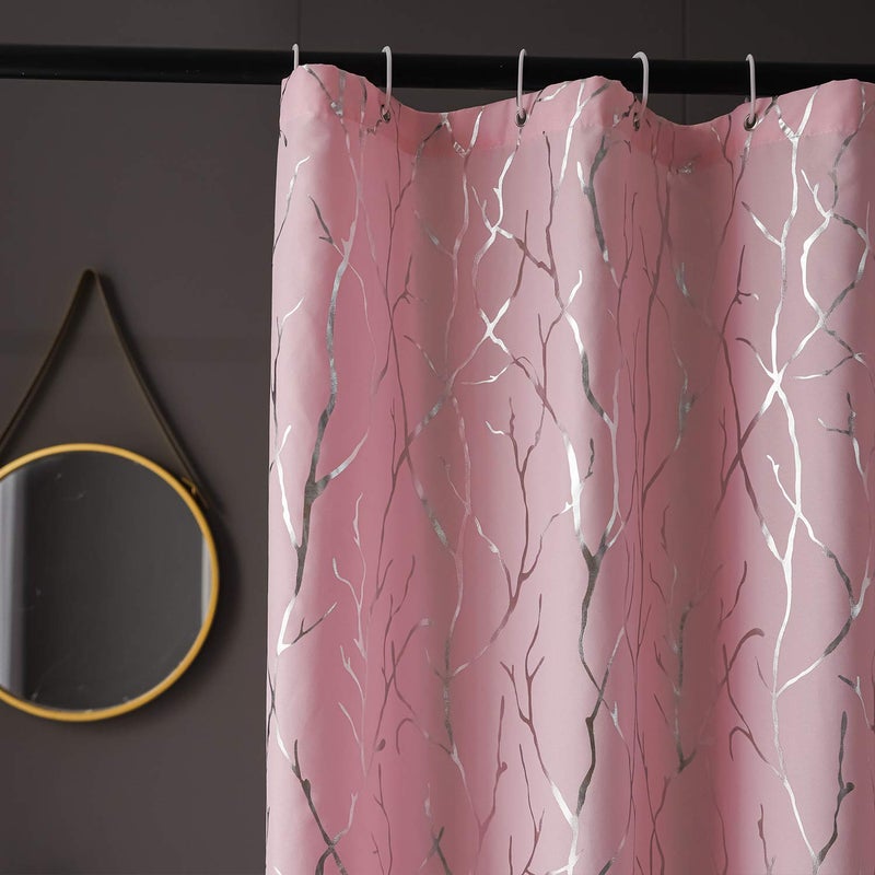 FINECITY Pink Shower Curtain Set - Metallic Silver Foil Tree Branch Pattern Print Grommet Shower Curtain with 12 Hooks for Bathroom (NOT Waterproof), 72 x 72 Inch, Silver Pink - Image 2